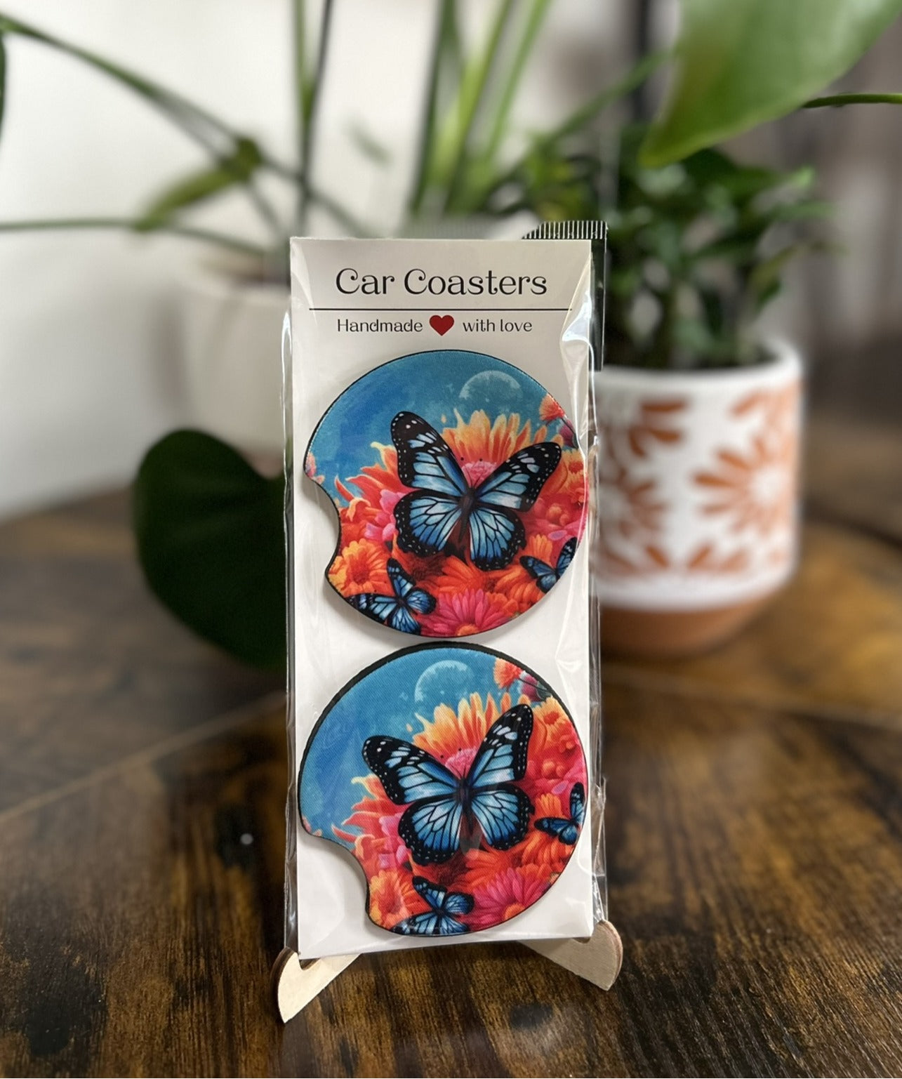 Coaster - Blue Butterflies - Pink Flower background.JPG