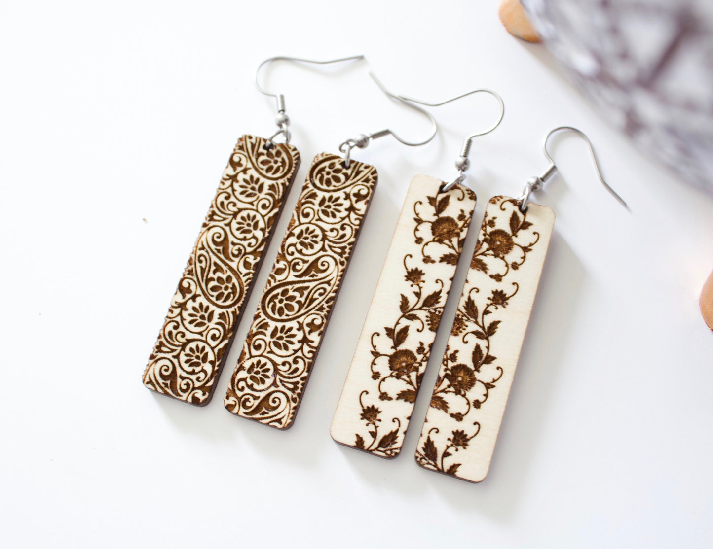 Floral Wood Bar Earrings