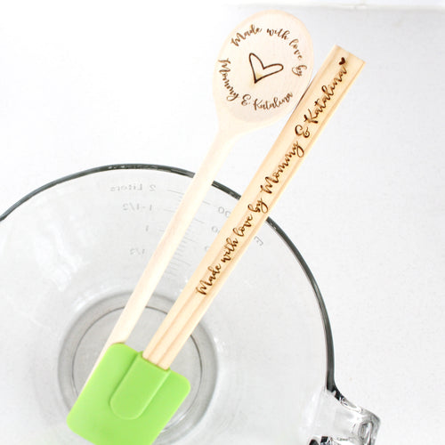 Personalized Made w/ Love By Mommy & Me Wood Spoon/ Spatula Set