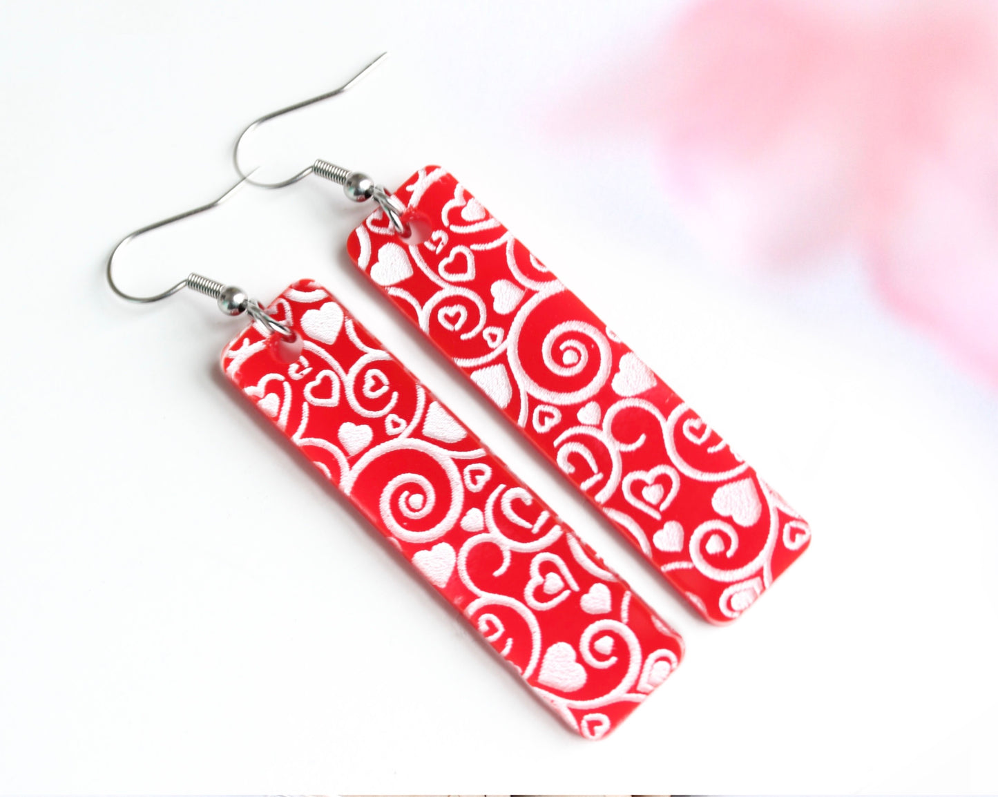 Red Heart Swirl Acrylic Bar Earrings