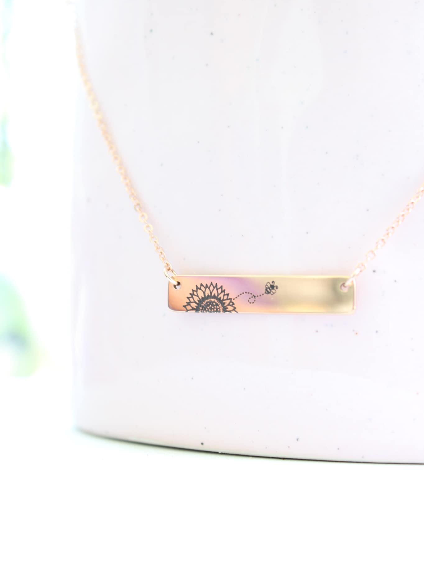 Sunflower Bee Bar Necklace - Silver, Gold, or Rose Gold