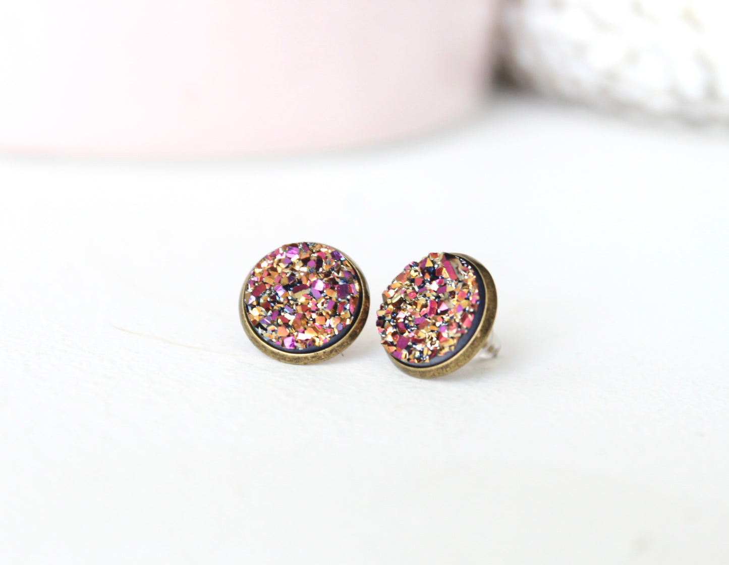 Magenta gold druzy earrings