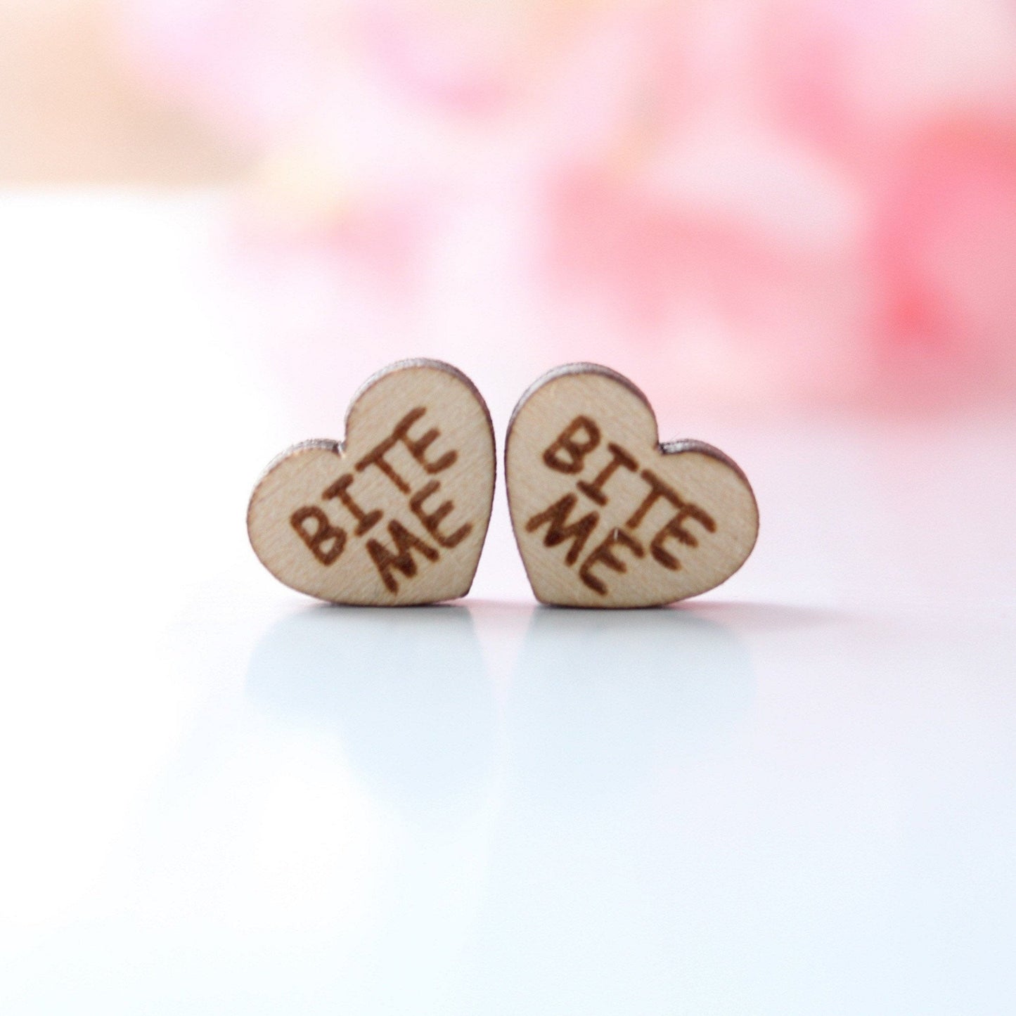 Bite Me Wood Heart Studs