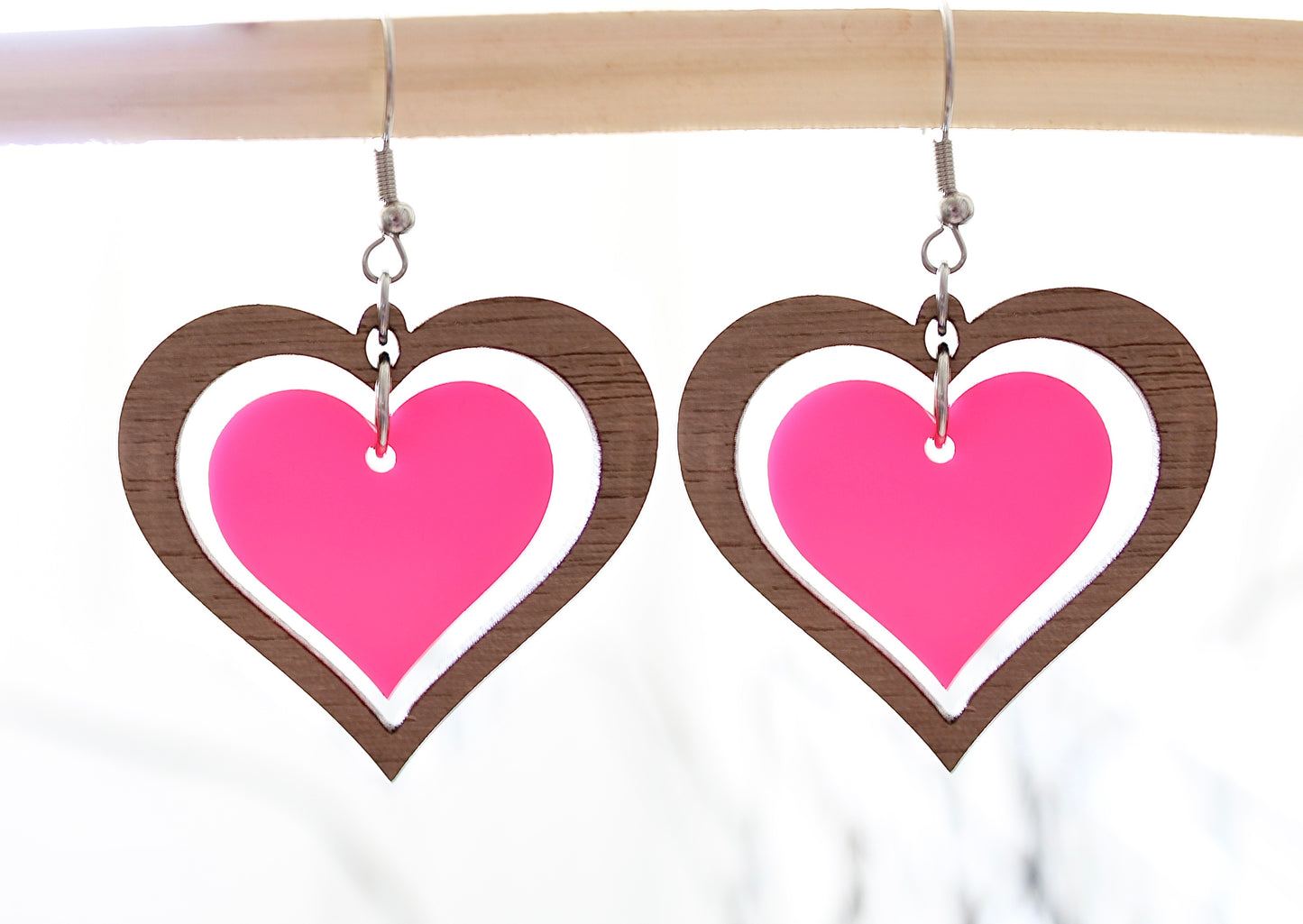 Wood and Acrylic Heart Drop Earrings