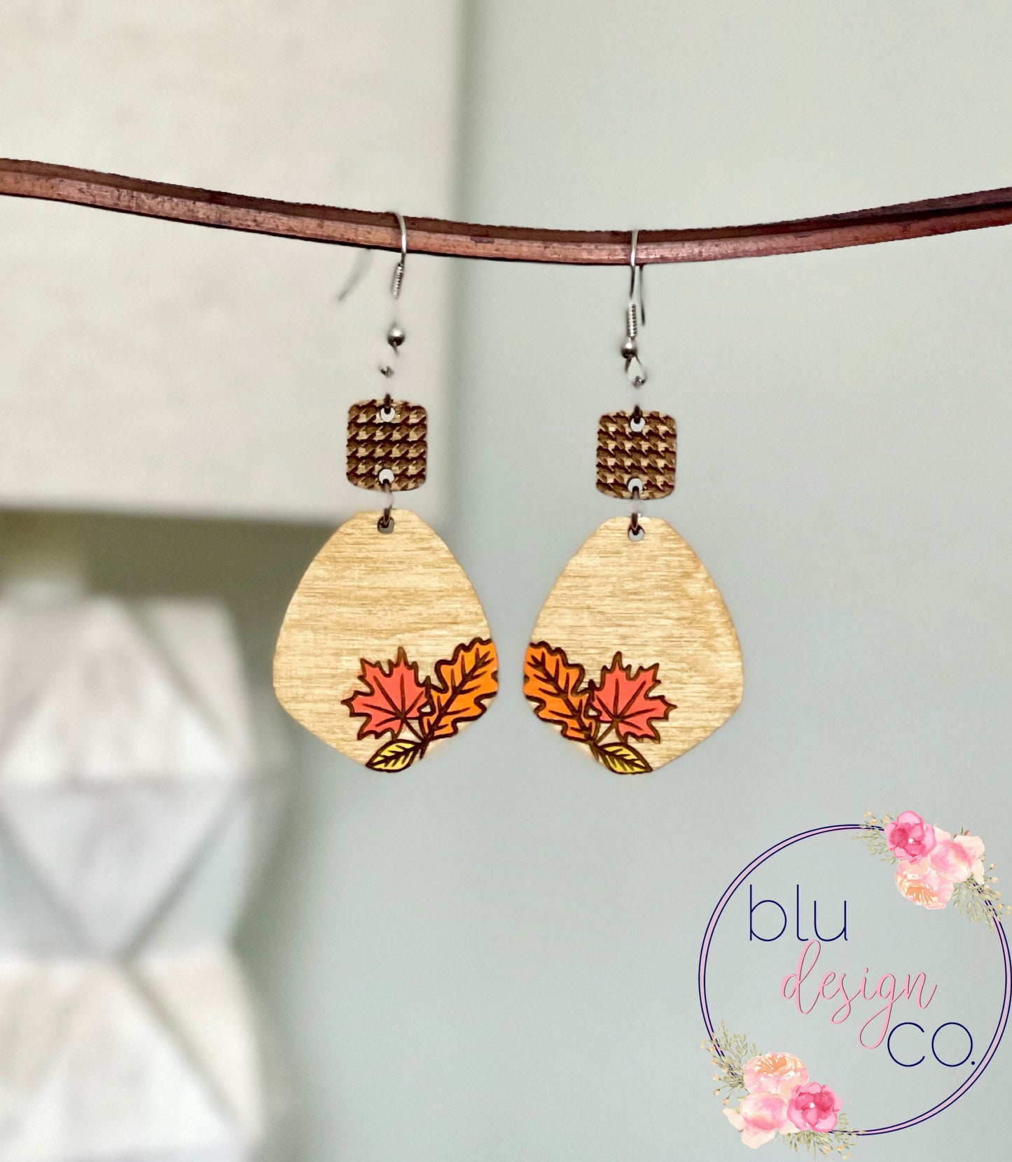 Houndstooth Fall Leaves Drop Earrings