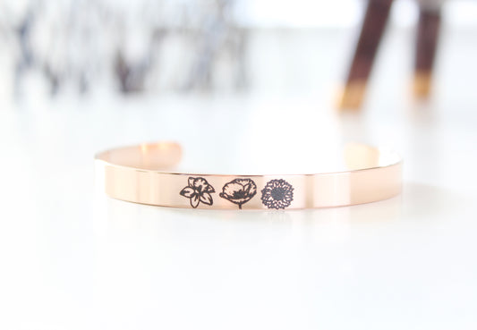 Custom Birth Flower Cuff Bracelet- available in silver, gold, or rose gold!