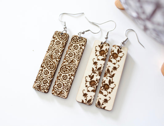 Floral Wood Bar Earrings