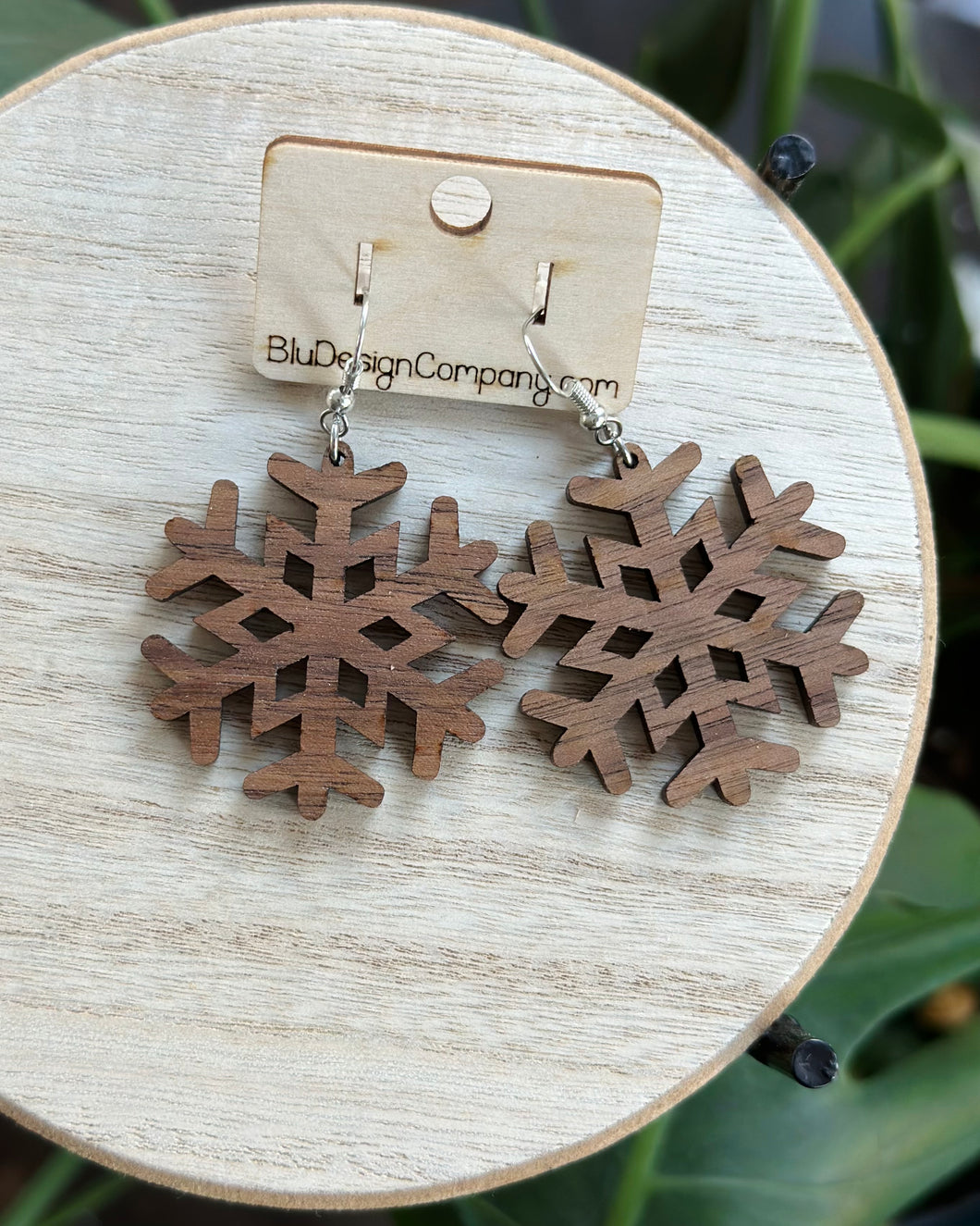 Walnut Wood Snowflake Drop Earrings