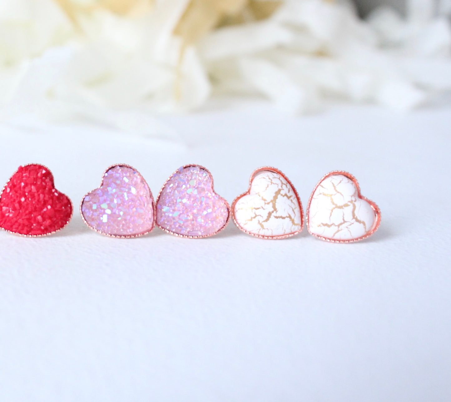 Druzy/ Gold Crackle Heart Earrings