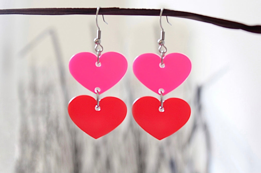 Red and Pink Acrylic Heart Drop Earrings