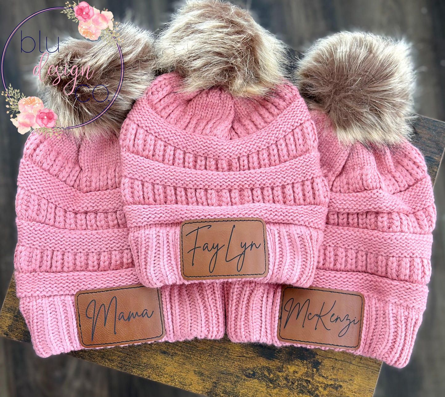 Custom Thin Script Name Leather Patch Pom Pom Beanie
