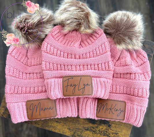 Custom Thin Script Name Leather Patch Pom Pom Beanie