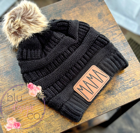 MAMA Leather Patch Pom Pom Beanie