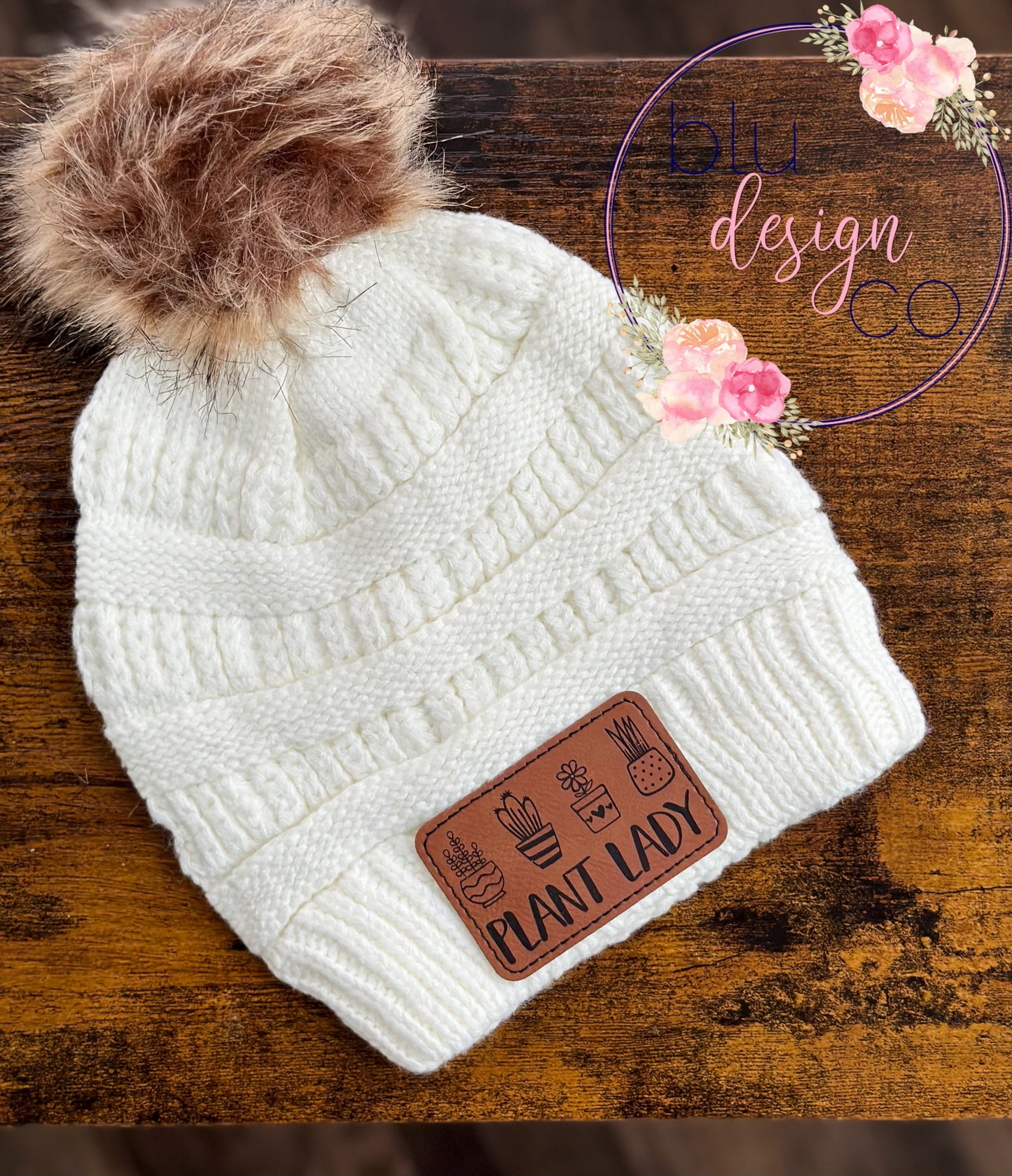 Plant Lady Leather Patch Pom Pom Beanie