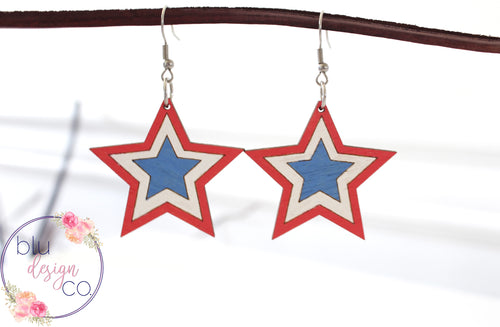 Painted Wood Patriotic Star Drop Earrings