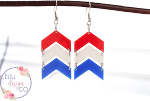 Acrylic Red White and Blue Chevron Drop Earrings