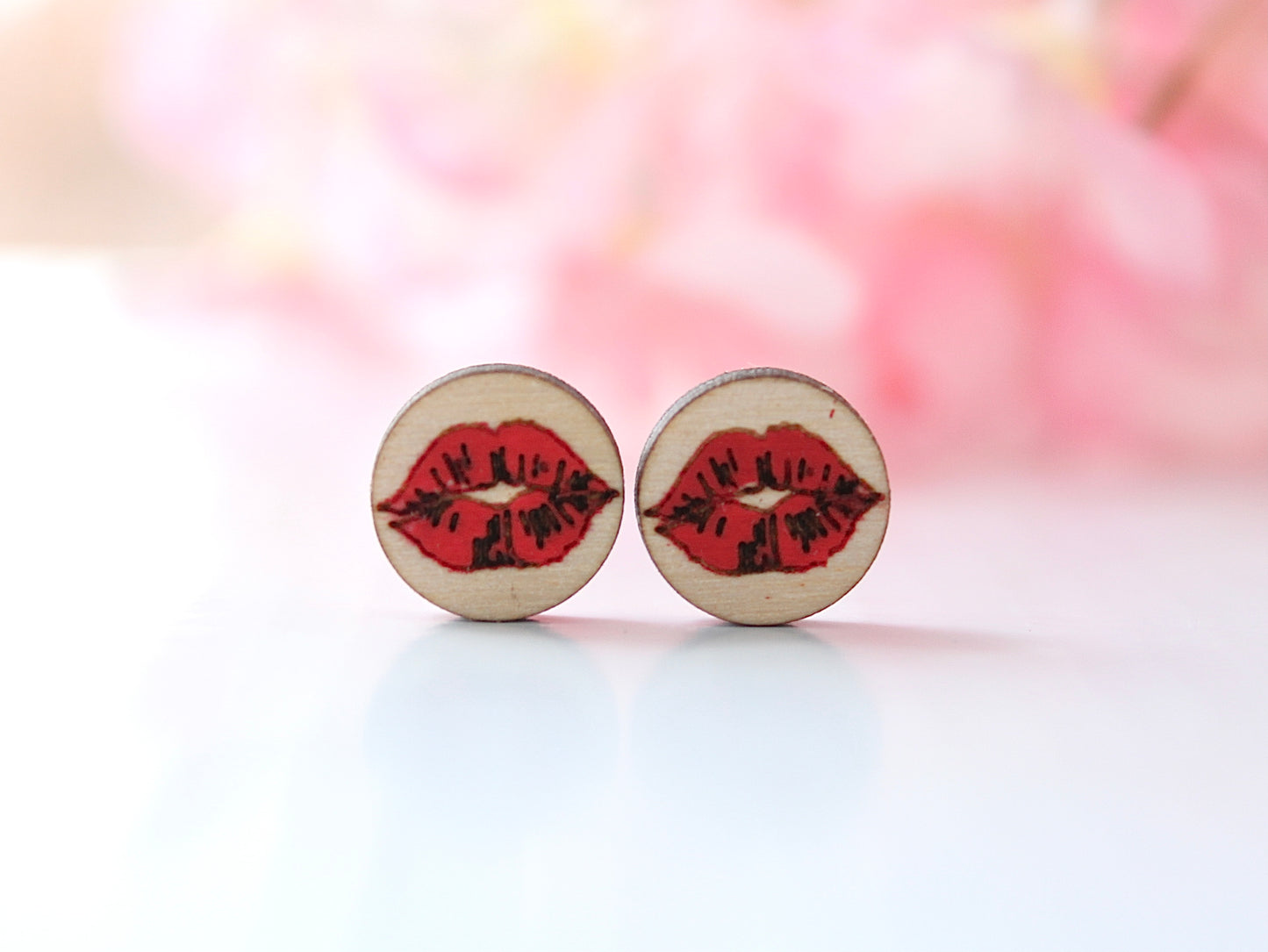 Red Lips Wood Stud Earrings