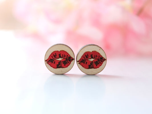 Red Lips Wood Stud Earrings