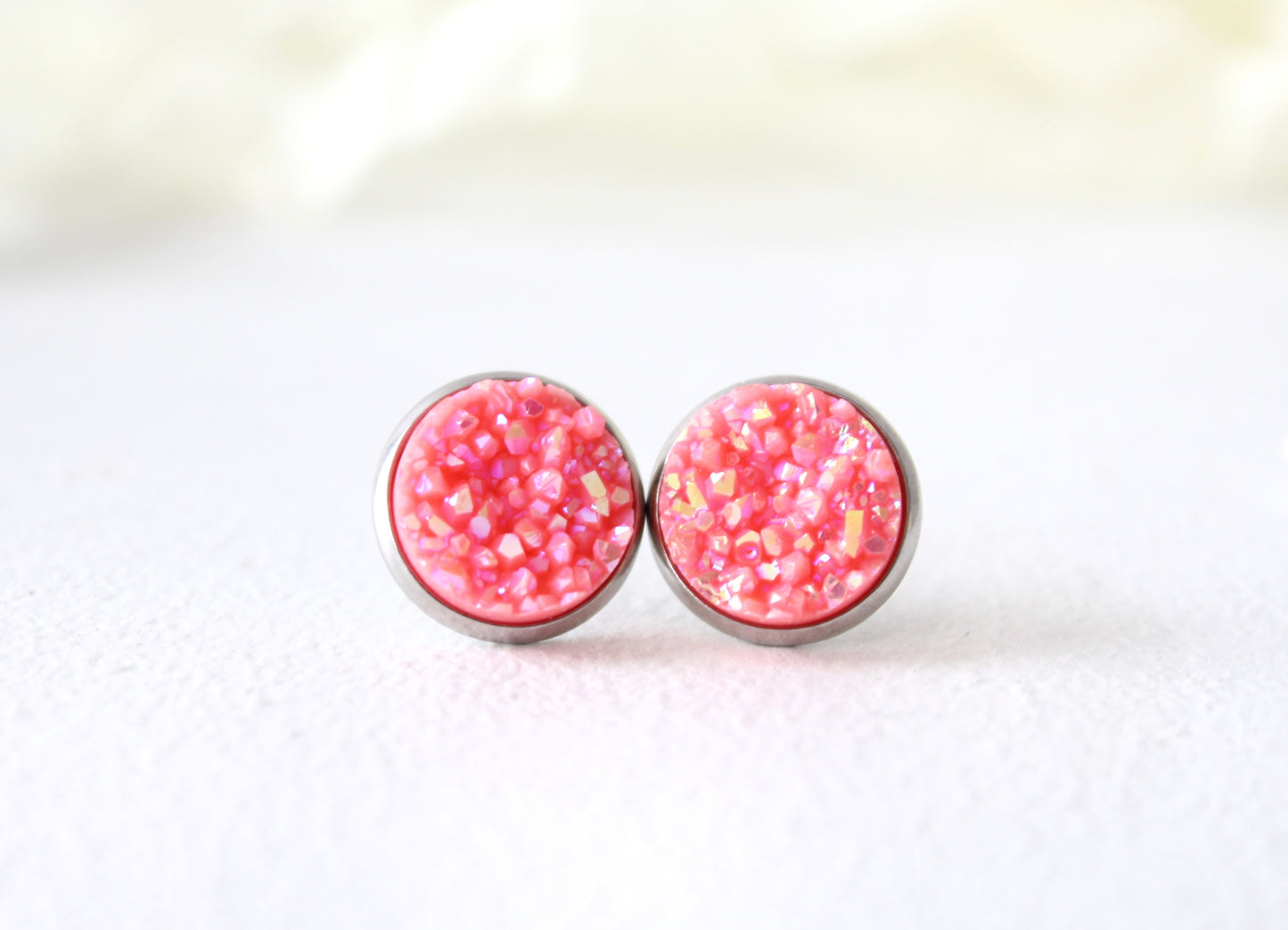 Coral Chunky Druzy Earrings