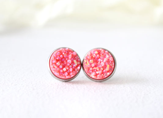Coral Chunky Druzy Earrings