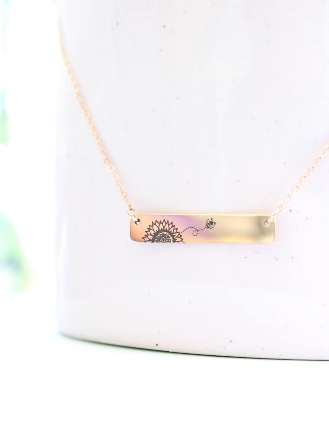 Sunflower Bee Bar Necklace - Silver, Gold, or Rose Gold