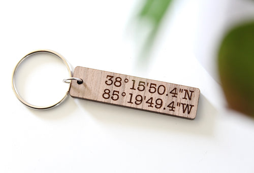 Custom Coordinates Walnut Wood Keychain