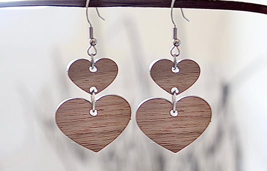 Walnut Wood Heart Drop Earrings