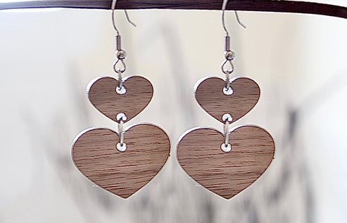 Walnut Wood Heart Drop Earrings