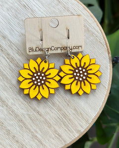 Wooden Sunflower Drop Earrings