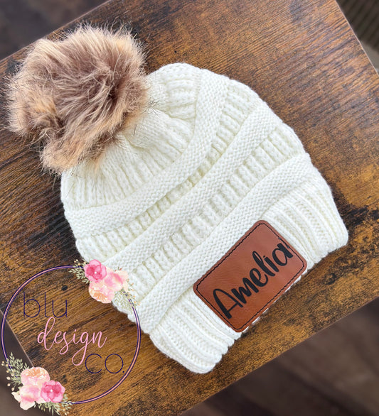 Custom Name Leather Patch Pom Pom Beanie
