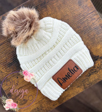 Load image into Gallery viewer, Custom Name Leather Patch Pom Pom Beanie