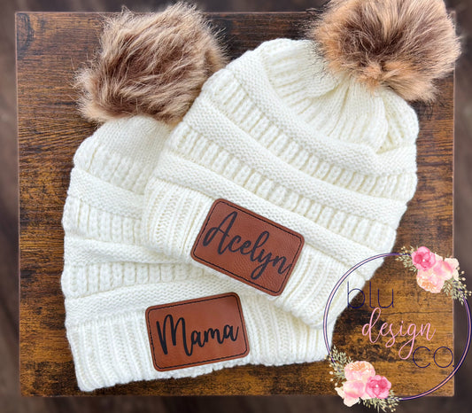 Custom Script Name Leather Patch Pom Pom Beanie
