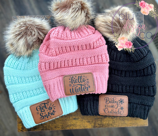 Snow Themed Leather Patch Pom Pom Beanie
