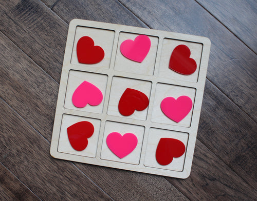 Wood w/ Pink and Red Hearts Tic-Tac-Toe Board
