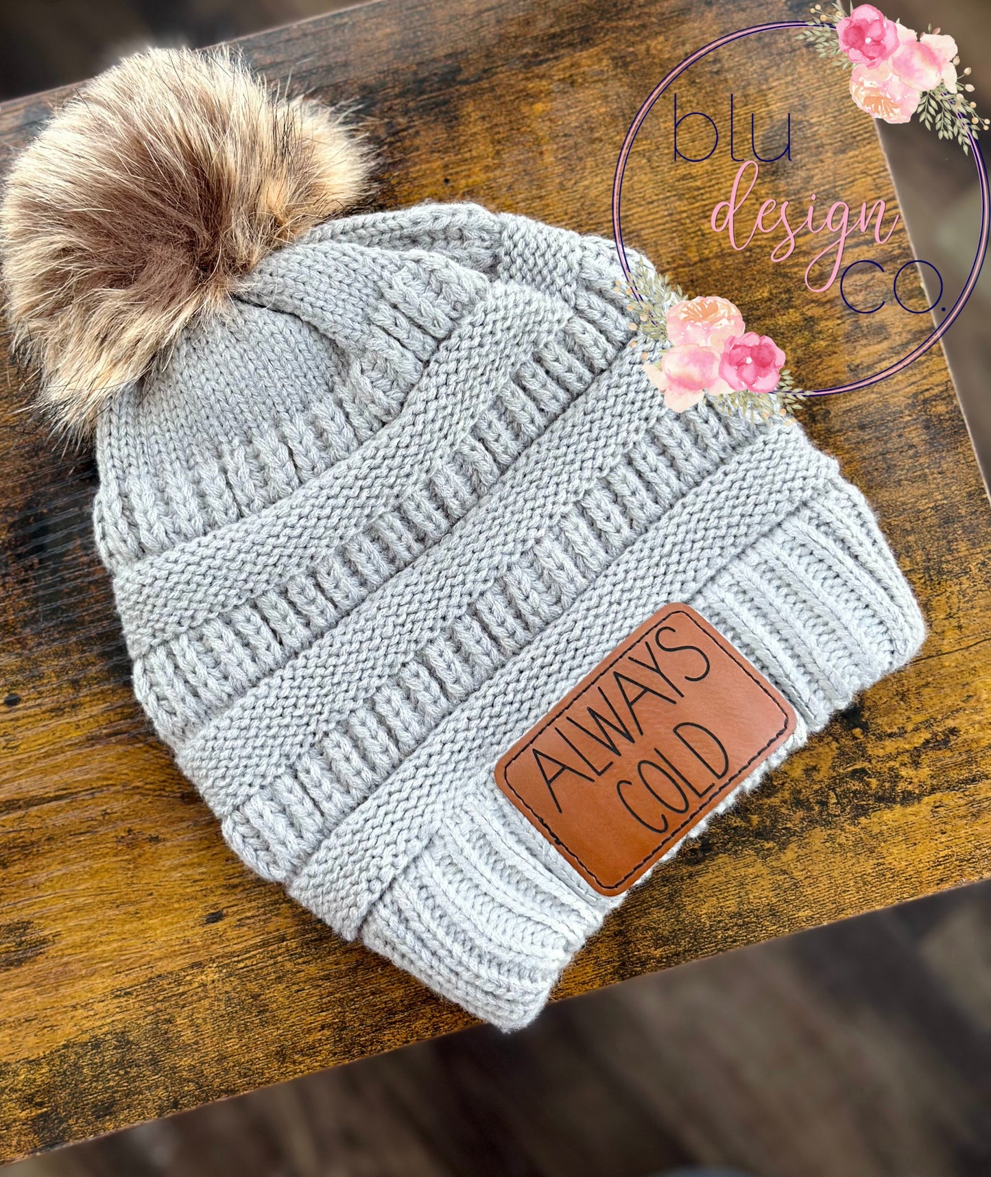 Always Cold Leather Patch Pom Pom Beanie