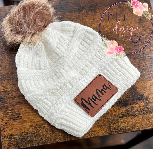 Handwritten Mama Leather Patch Pom Pom Beanie