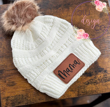 Load image into Gallery viewer, Handwritten Mama Leather Patch Pom Pom Beanie