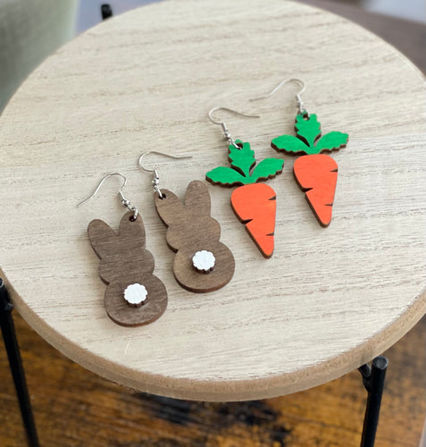 Bunny and Carrot Wood Drop Earrings