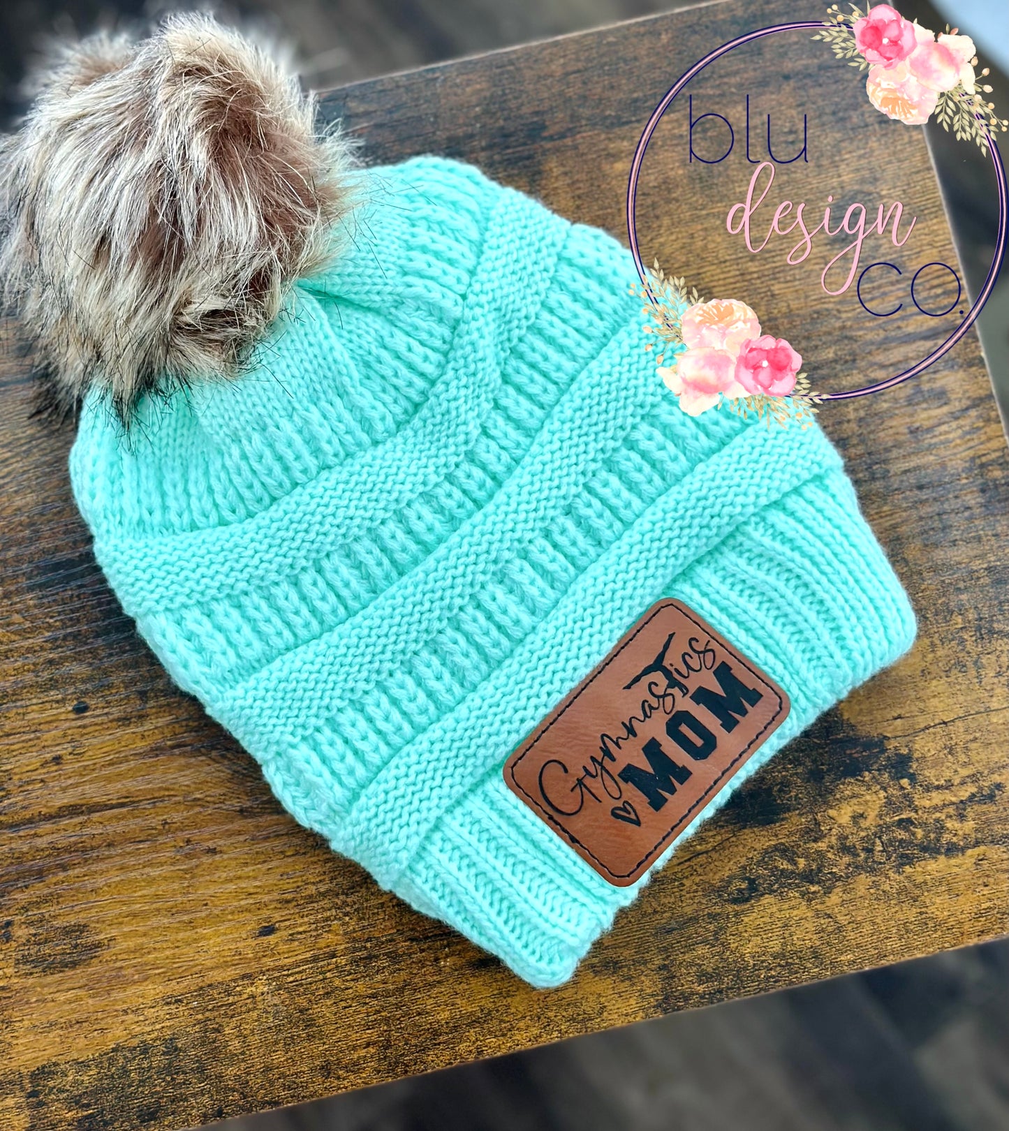 Gymnastics MOM Leather Patch Pom Pom Beanie