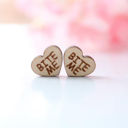 Bite Me Wood Heart Studs