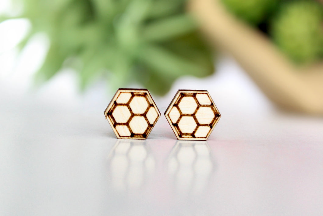 Honeycomb Wood Stud Earrings
