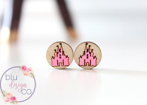 Pink Castle Wood Painted Stud Earrings