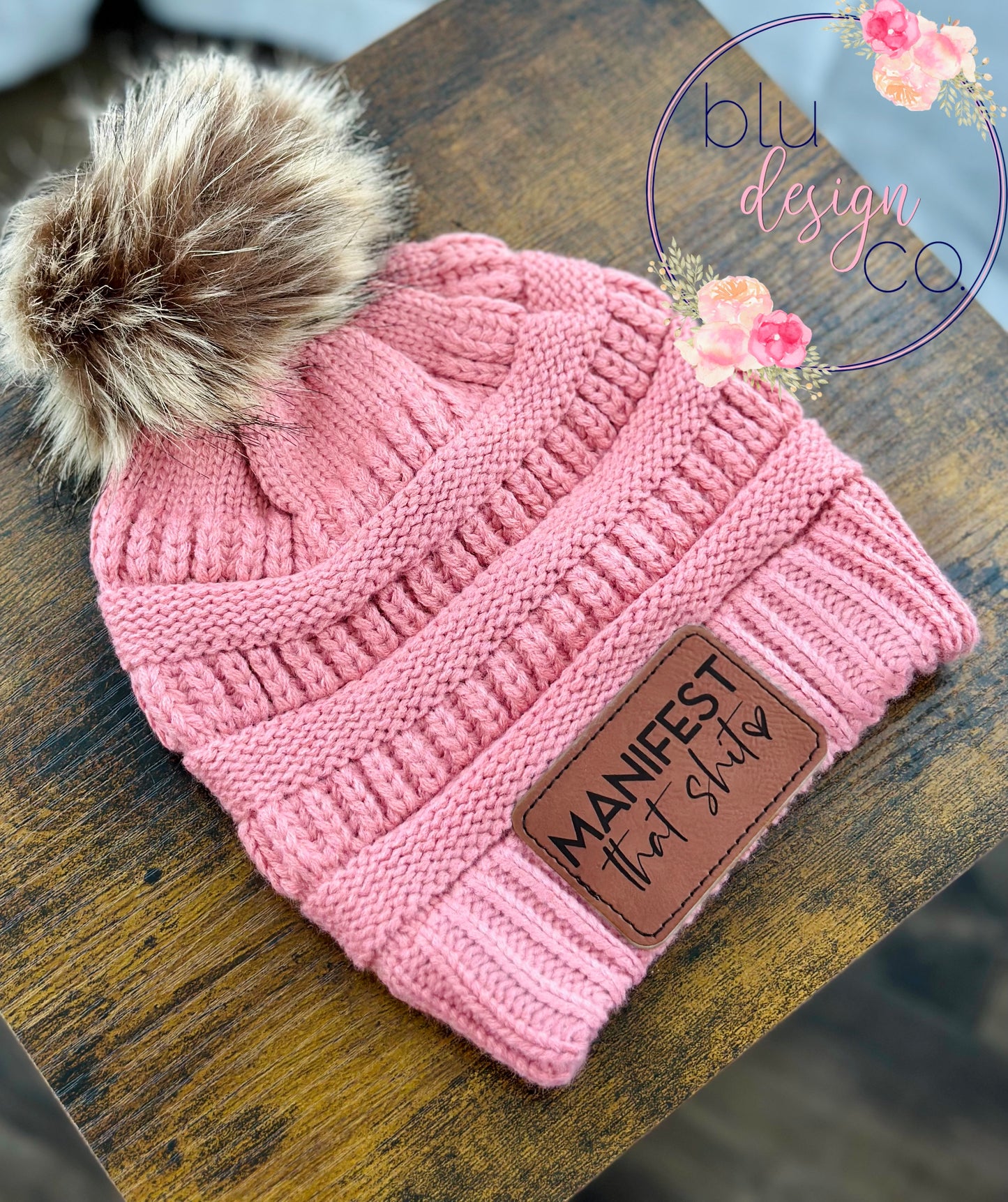 Manifest That Shit Leather Patch Pom Pom Beanie