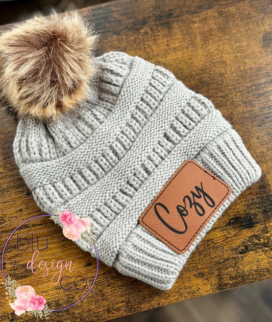 Cozy Leather Patch Pom Pom Beanie