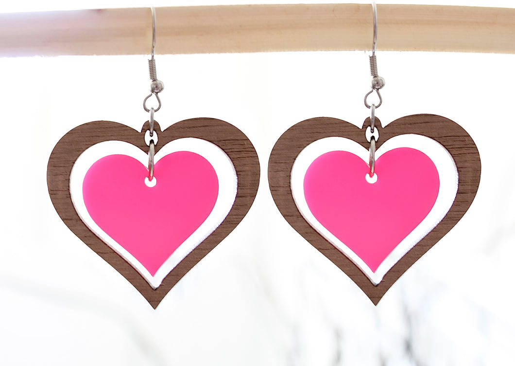 Wood and Acrylic Heart Drop Earrings