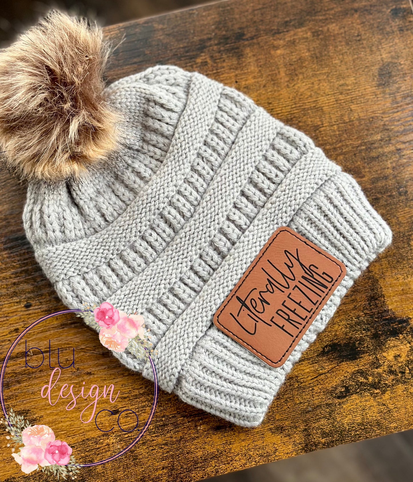 Literally Freezing Leather Patch Pom Pom Beanie