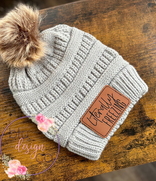 Literally Freezing Leather Patch Pom Pom Beanie