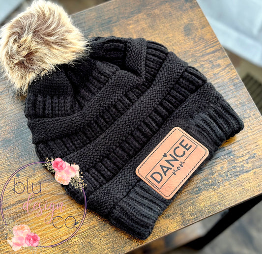 Dance Mom Leather Patch Pom Pom Beanie