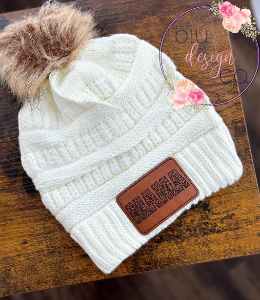 Leopard MAMA Leather Patch Pom Pom Beanie