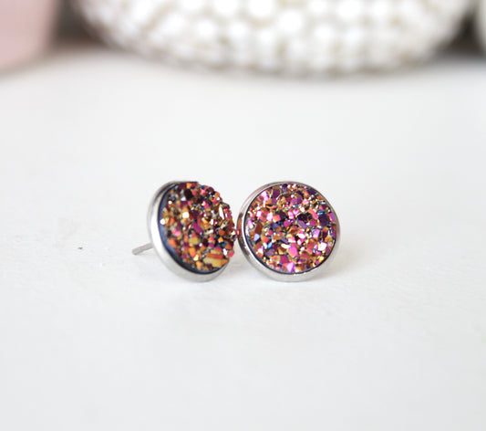 Magenta gold druzy earrings